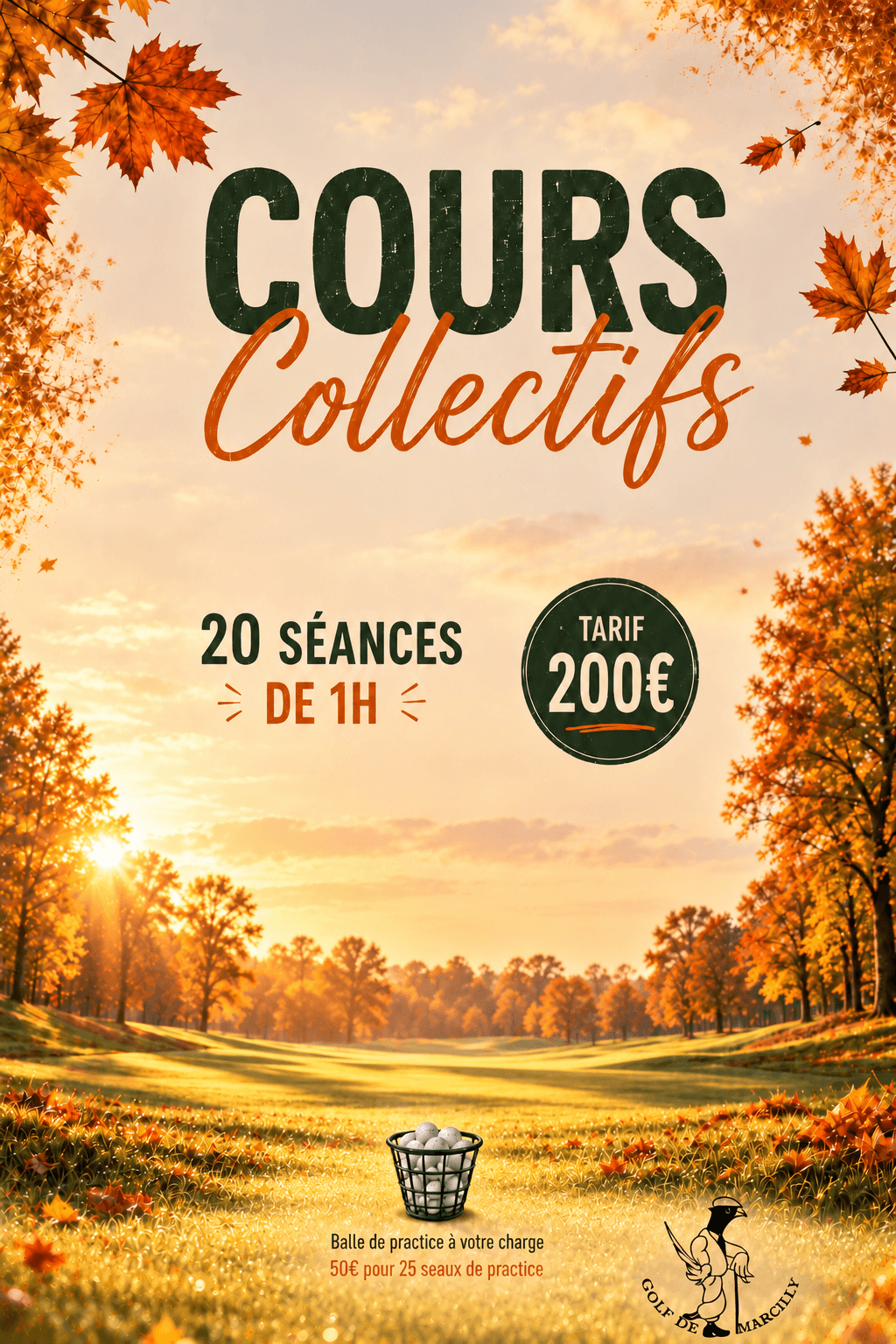 Affiche des cours collectifs adultes : 20 séances d’une heure, 200 €