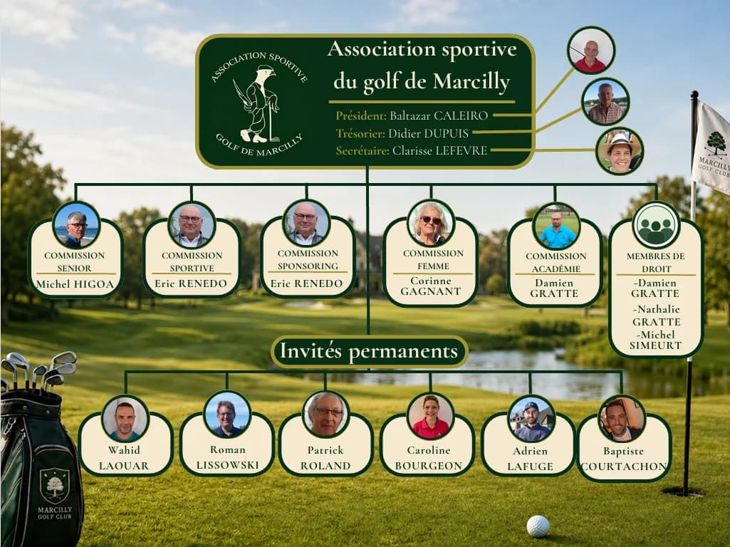 Organigramme de l’association sportive : bureau, commissions, membres de droit et invités permanents.