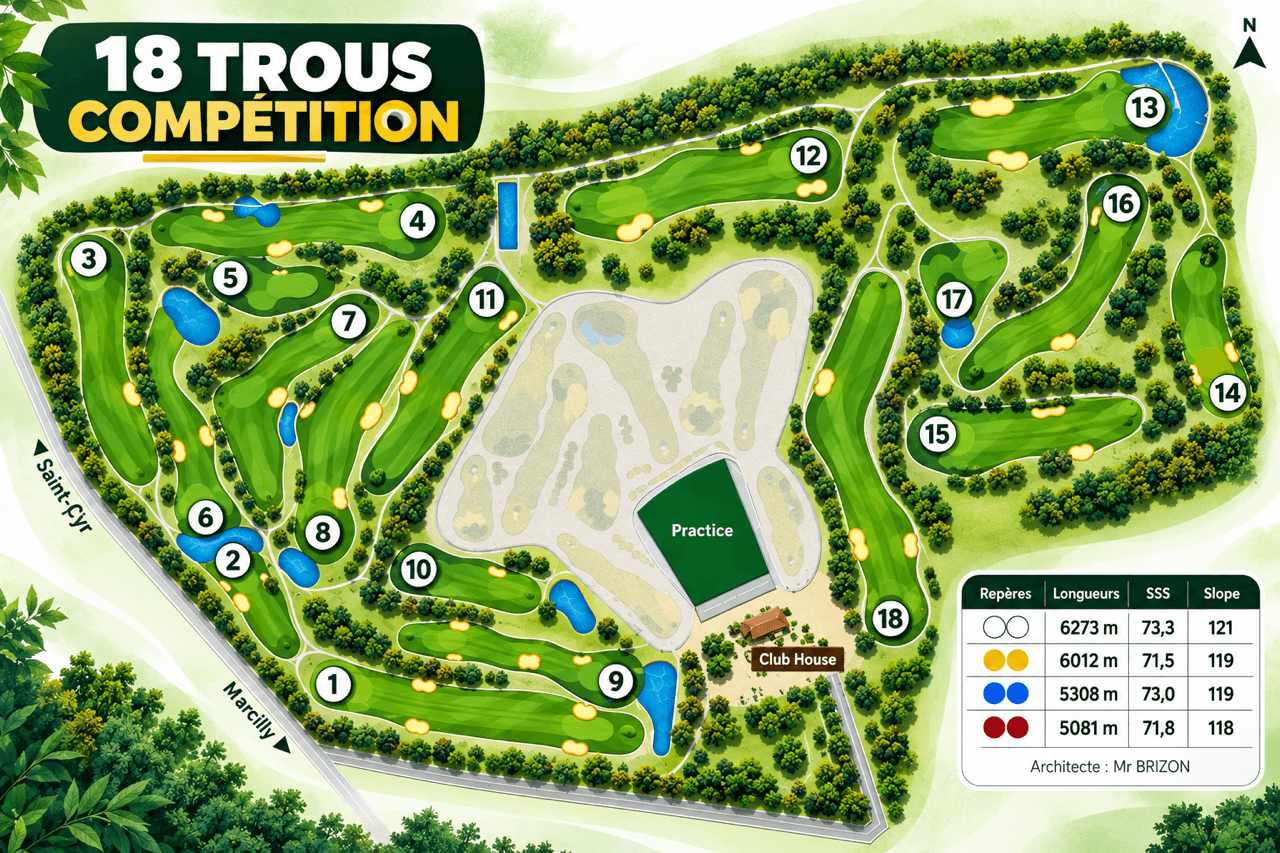 Plan illustré des 18 trous du parcours de compétition du Golf de Marcilly